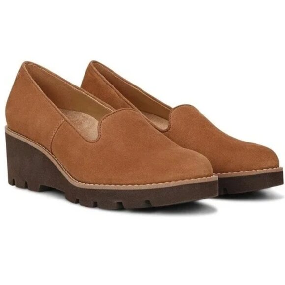 VIONIC Women's Cognac Brown Suede Leather Water Repellent Wedge Loafers 8.5 - Picture 1 of 8